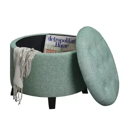 Kirklands Home Benches & Ottomans|Teal Upholstered Eliza Round Storage Ottoman Blue