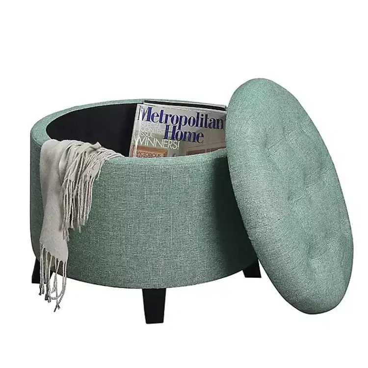 Kirklands Home Benches & Ottomans|Teal Upholstered Eliza Round Storage Ottoman Blue