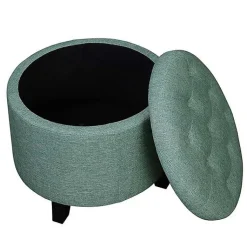 Kirklands Home Benches & Ottomans|Teal Upholstered Eliza Round Storage Ottoman Blue