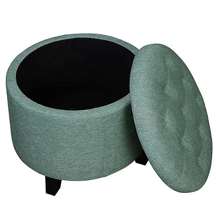 Kirklands Home Benches & Ottomans|Teal Upholstered Eliza Round Storage Ottoman Blue
