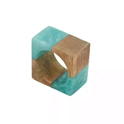 Kirklands Home Table Linens|Teal Wood and Resin Square Napkin Rings, Set of 4