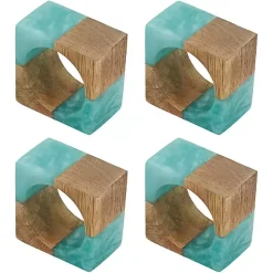 Kirklands Home Table Linens|Teal Wood and Resin Square Napkin Rings, Set of 4