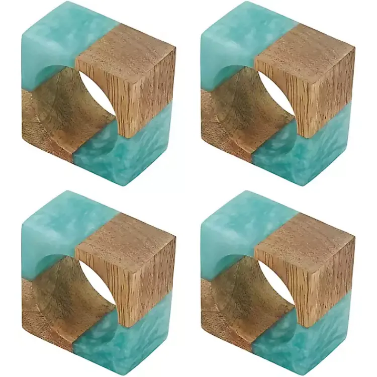 Kirklands Home Table Linens|Teal Wood and Resin Square Napkin Rings, Set of 4