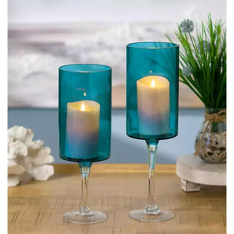 Clearance Turquoise Glass Hurricane Candle Holders, Set of 2 Candle Holders
