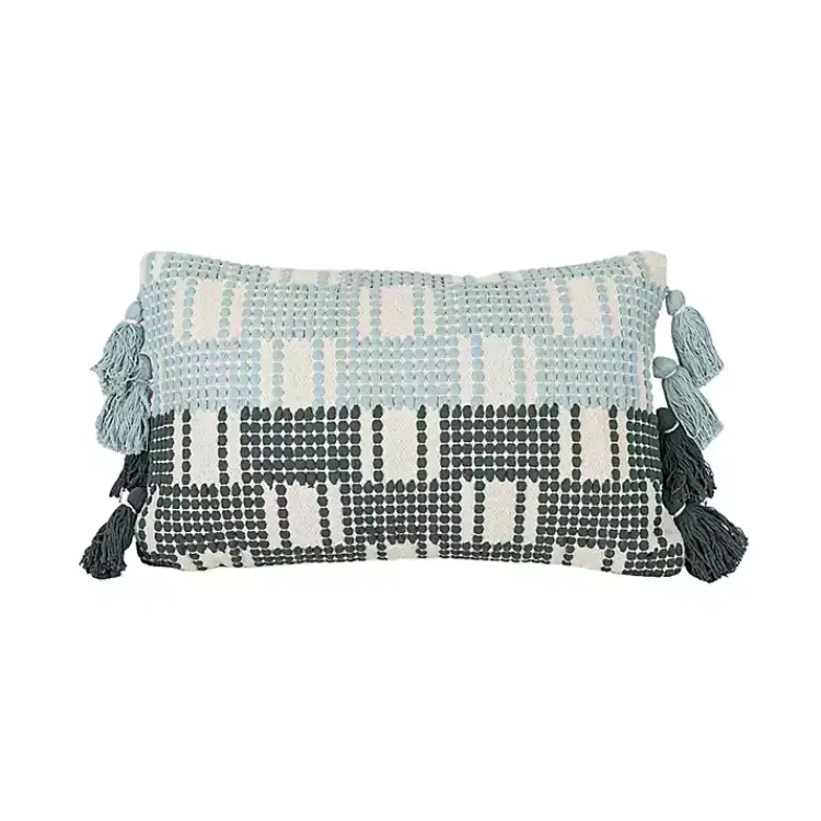 Sale Turquoise Plaid Tassel Lumbar Pillow Pillows
