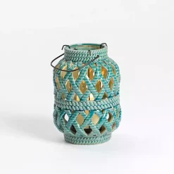 Turquoise Woven Stoneware Coastal Lantern, 8 in. Lanterns