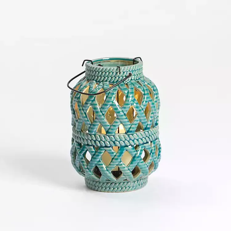 Turquoise Woven Stoneware Coastal Lantern, 8 in. Lanterns