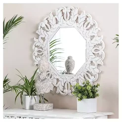 Kirklands Home Decorative Mirrors|Vintage White Carved Octagon Wall Mirror