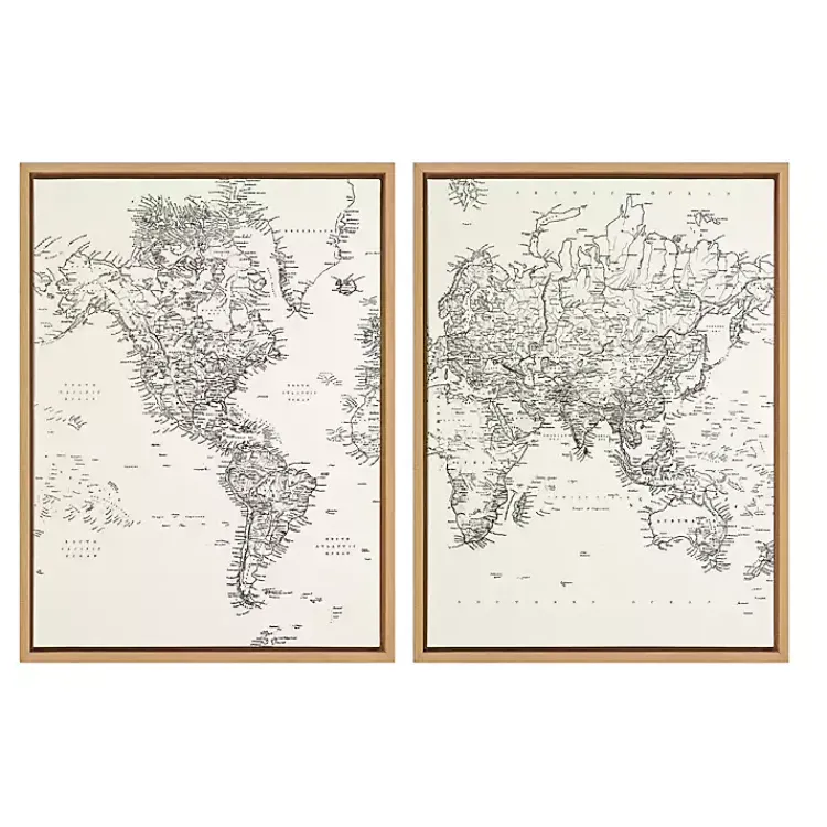 Kirklands Home Canvas Art|Vintage World Map Framed Canvas Art, Set of 2
