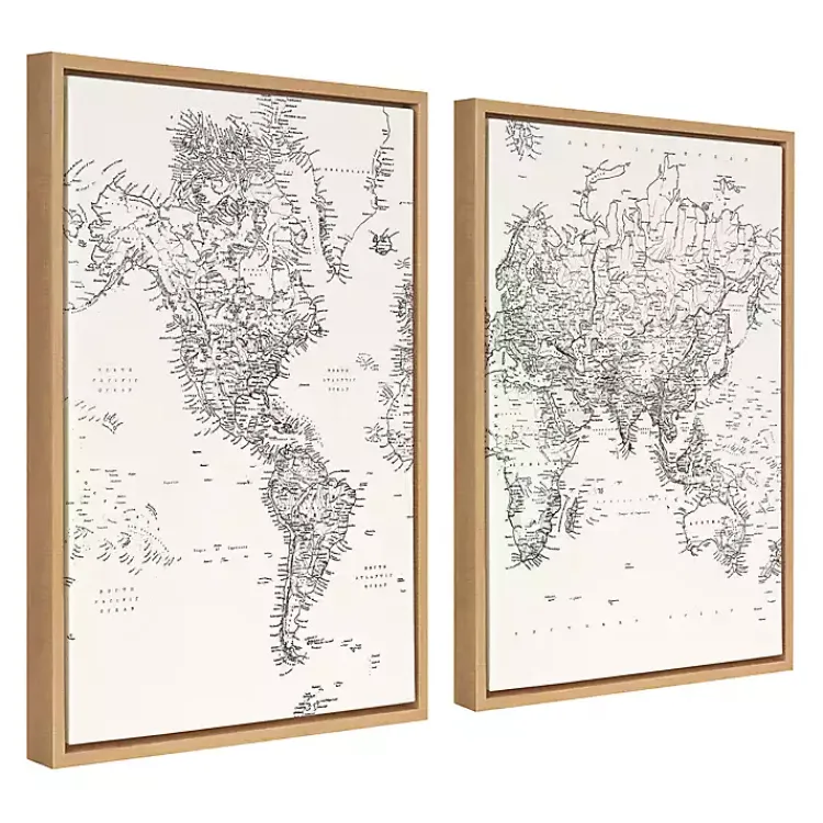 Kirklands Home Canvas Art|Vintage World Map Framed Canvas Art, Set of 2