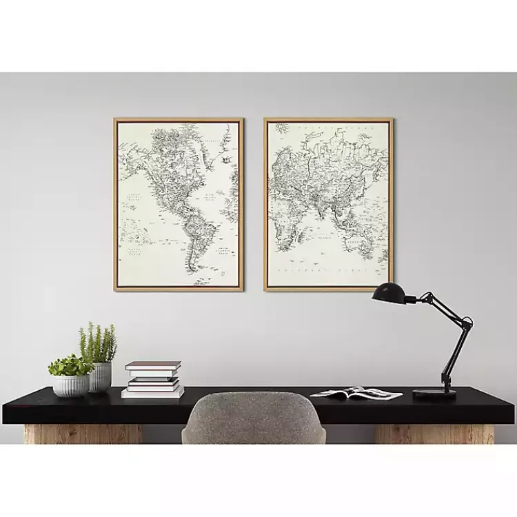 Kirklands Home Canvas Art|Vintage World Map Framed Canvas Art, Set of 2