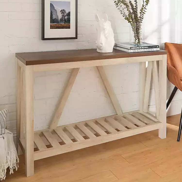 Kirklands Home Console Tables|Walnut and Whitewash A-Frame Console Table Ivory
