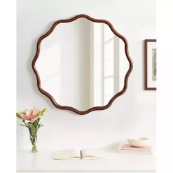 Kirklands Home Decorative Mirrors|Walnut Wavy Scallop Round Wall Mirror Brown