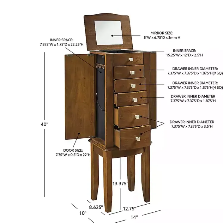 Kirklands Home Dressers & Chests|Walnut Wood 5-Drawer Zinnia Jewelry Armoire Brown