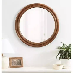 Kirklands Home Decorative Mirrors|Walnut Wood Ribbed Round Wall Mirror