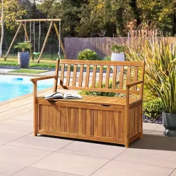 Kirklands Home Outdoor Seating|Warm Acacia Wood Slatted Outdoor Storage Bench Brown