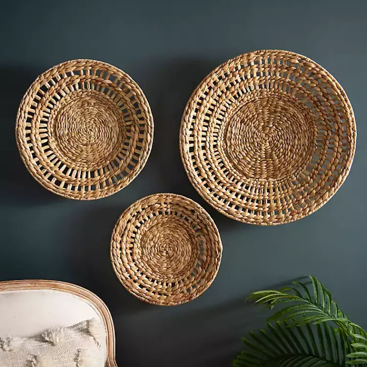 Kirklands Home Wall Plaques|Water Hyacinth Basket Wall Plaques, Set of 3 Tan
