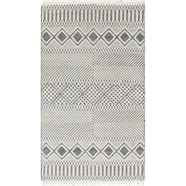 Kirklands Home Area Rugs|White and Black Diamond Tassel Wool Area Rug, 5x7