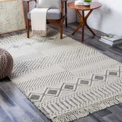 Kirklands Home Area Rugs|White and Black Diamond Tassel Wool Area Rug, 5x7