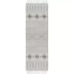 Kirklands Home Area Rugs|White and Black Diamond Tassel Wool Runner, 2x8