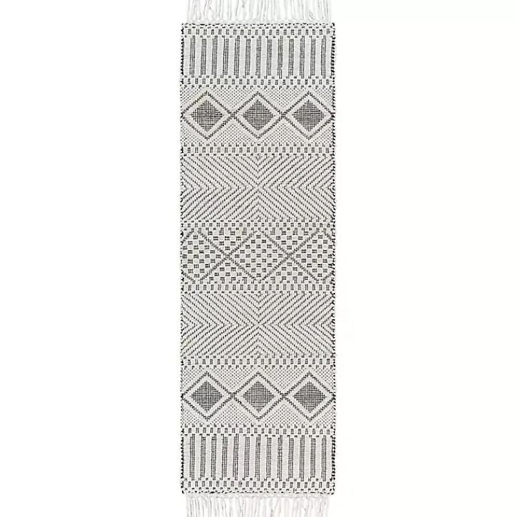 Kirklands Home Area Rugs|White and Black Diamond Tassel Wool Runner, 2x8