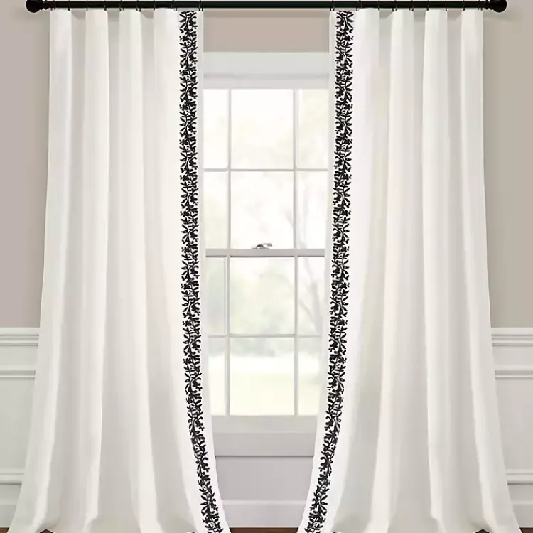 Kirklands Home Curtains & Drapes|White and Black Embroidered Curtain Panel, 84 in.