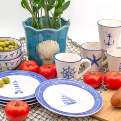 Kirklands Home Glassware & Drinkware|White and Blue Nautical Mugs, Set of 4