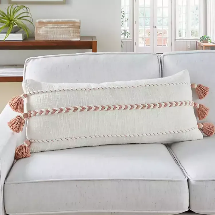 Sale White and Blush Braided Stripe Lumbar Pillow Pillows