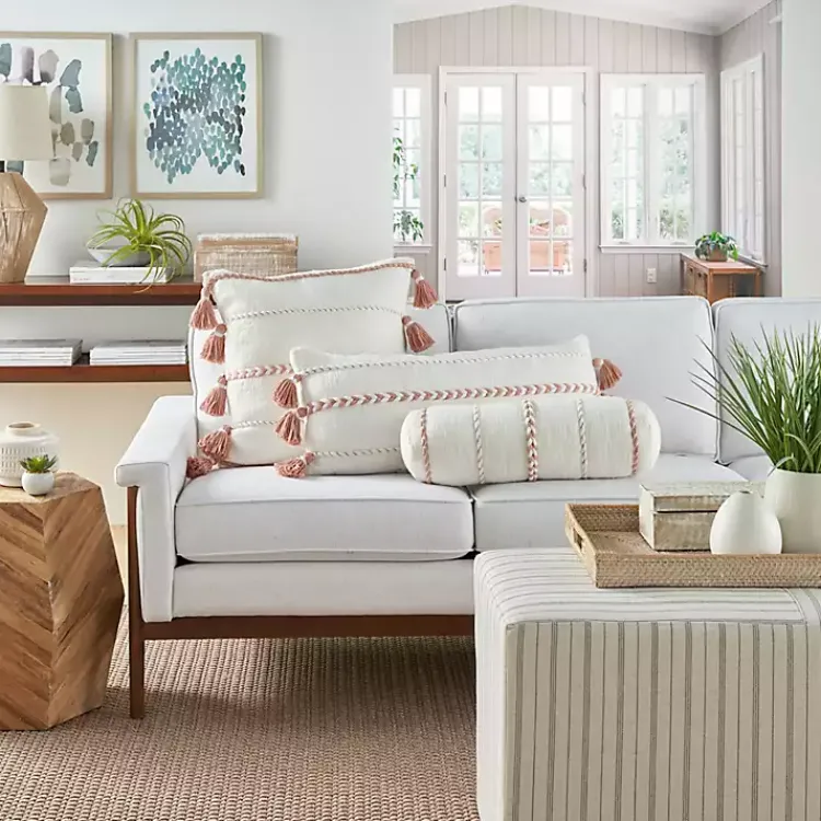 Sale White and Blush Braided Stripe Lumbar Pillow Pillows