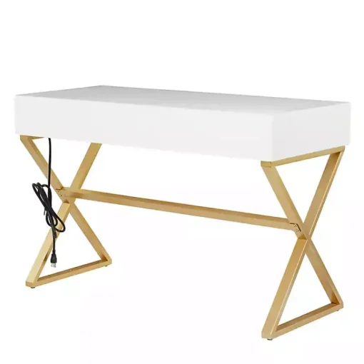 Kirklands Home Office Furniture|White and Gold Metal Desk with Outlets
