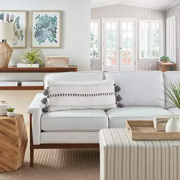 New White and Gray Braided Stripe Lumbar Pillow Pillows