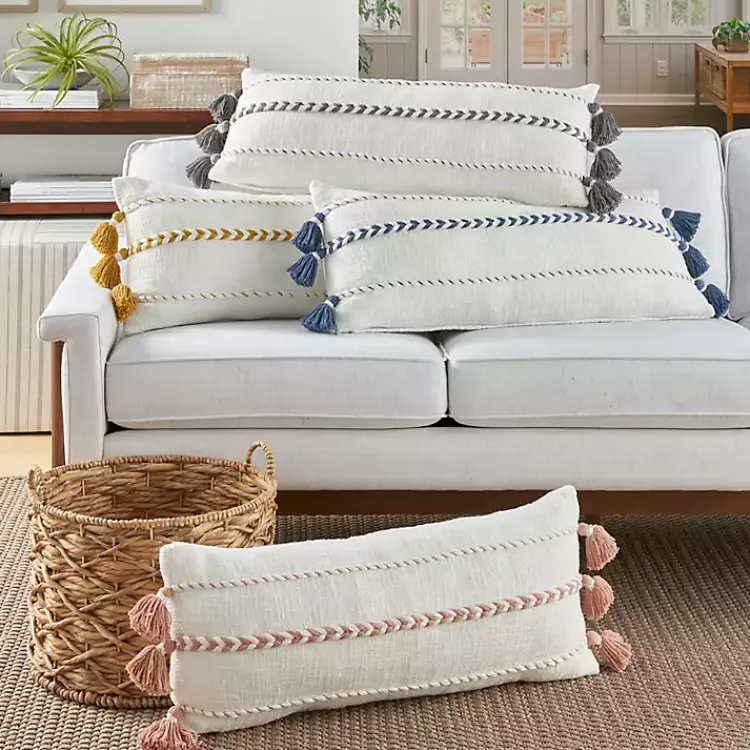 New White and Gray Braided Stripe Lumbar Pillow Pillows