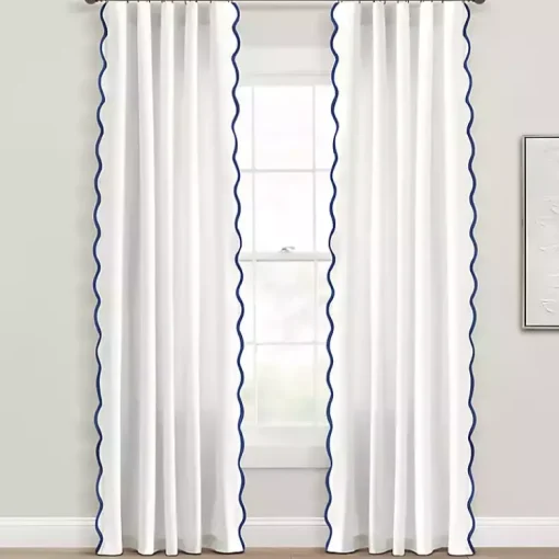 Kirklands Home Curtains & Drapes|White and Navy Scalloped Curtain Panel Set, 84 in.