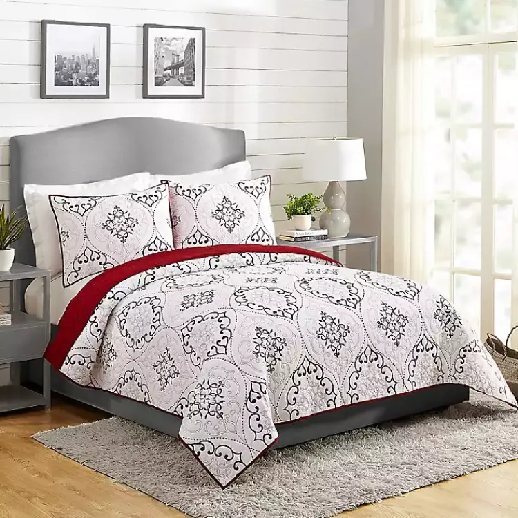 Kirklands Home Quilts|White and Red Pattern 3-pc. King Quilt Set