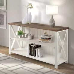 Kirklands Home Console Tables|White and Rustic Oak Wood Farmhouse Console Table