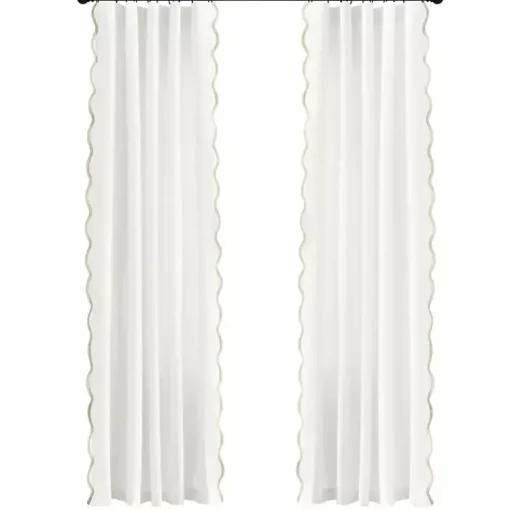 Kirklands Home Curtains & Drapes|White and Tan Scalloped Curtain Panel Set, 84 in.