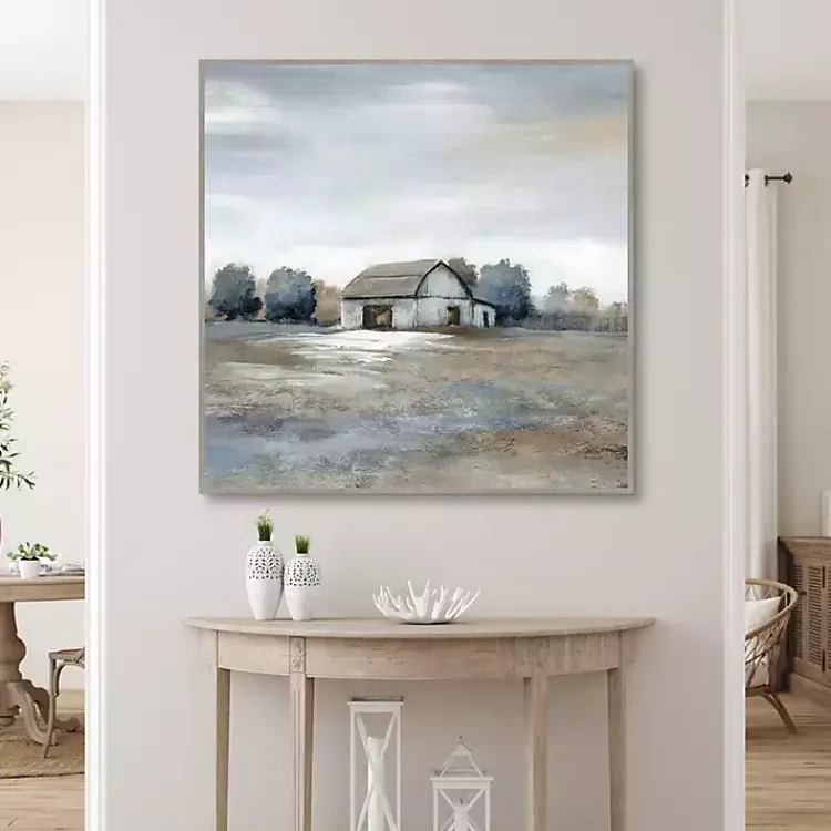 Kirklands Home Canvas Art|White Barn in Pasture Framed Canvas Art Print Gray