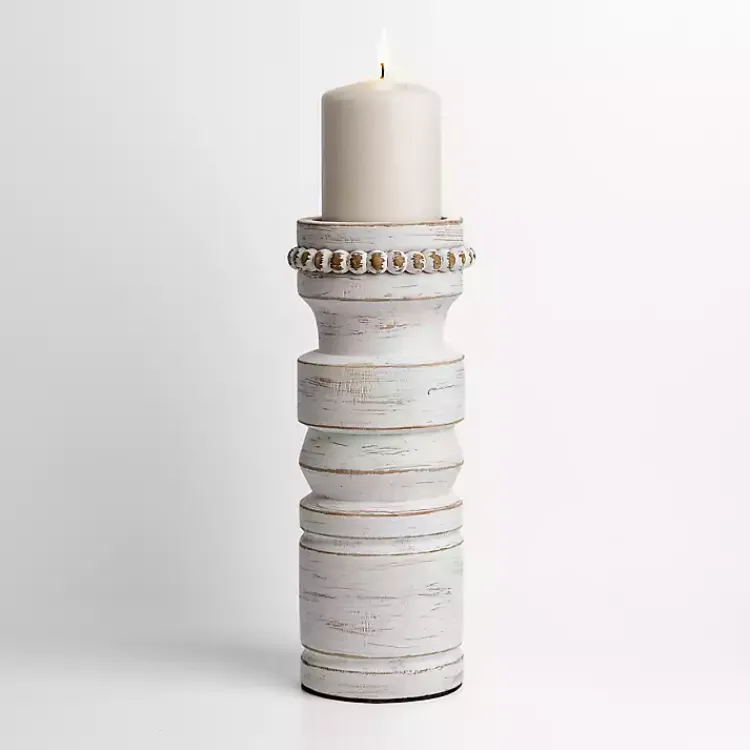 New Beaded Wood Pillar Candle Holder, 11 in. Candle Holders