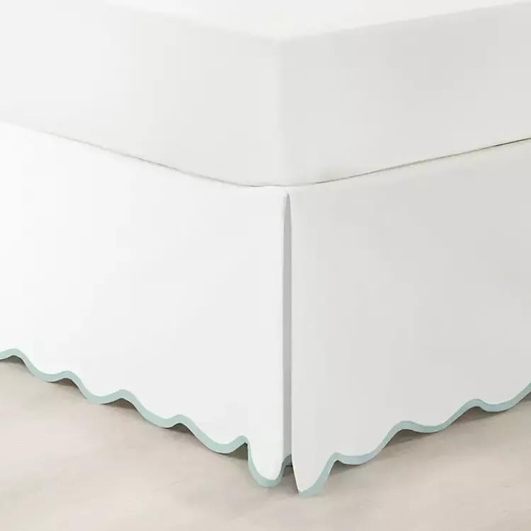 Kirklands Home Bedding Essentials|White Blue Scalloped Coastal Queen Bed Skirt
