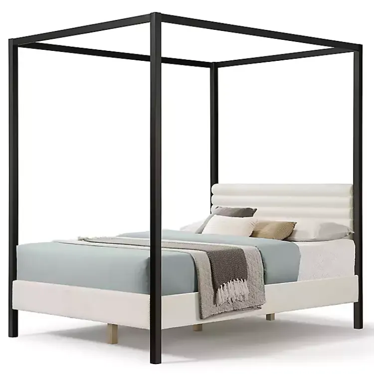 Kirklands Home Beds & Headboards|White Boucle Upholstered Black Canopy Queen Bed
