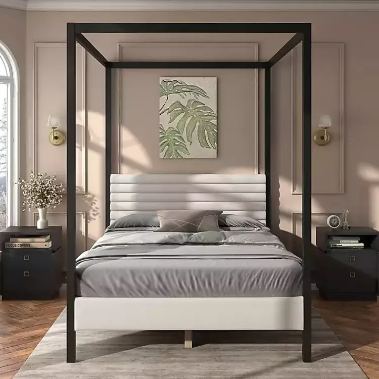 Kirklands Home Beds & Headboards|White Boucle Upholstered Black Canopy Queen Bed