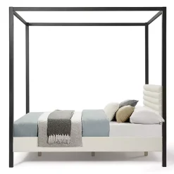 Kirklands Home Beds & Headboards|White Boucle Upholstered Black Canopy Queen Bed