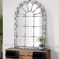 Kirklands Home Decorative Mirrors|White Brown Rustic Window Iron Frame Wall Mirror