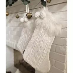 Hot Cable Knit Stockings with Fur Trim, Set of 2 Christmas Stockings & Stocking Holders