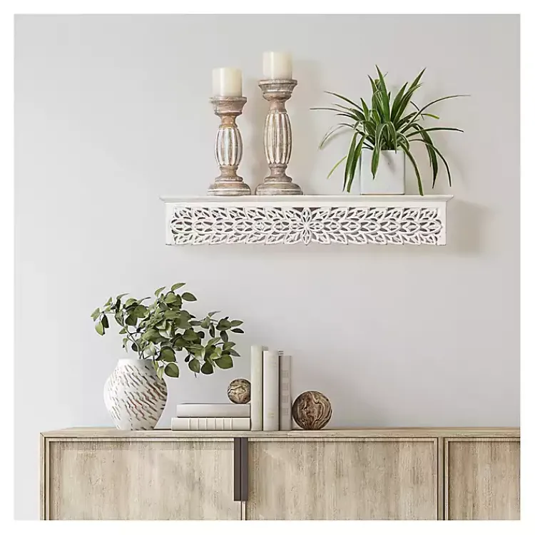 Kirklands Home Shelves|White Carved Floral Decorative Wall Shelf