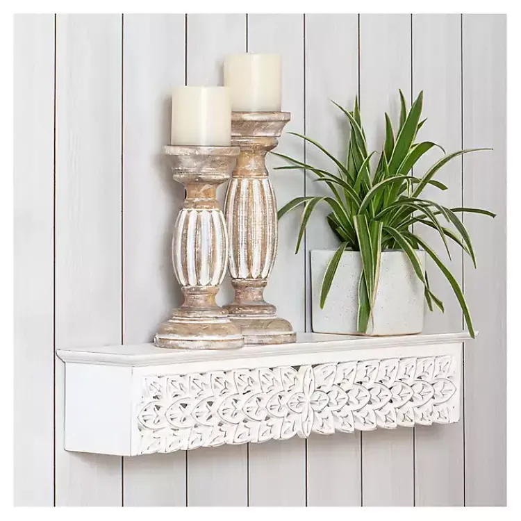 Kirklands Home Shelves|White Carved Floral Decorative Wall Shelf