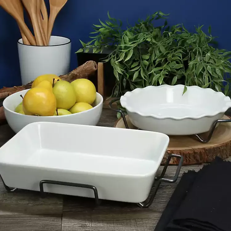 Kirklands Home Bakeware & Cookware|Ceramic Baker and Pie Dish Set with Racks White