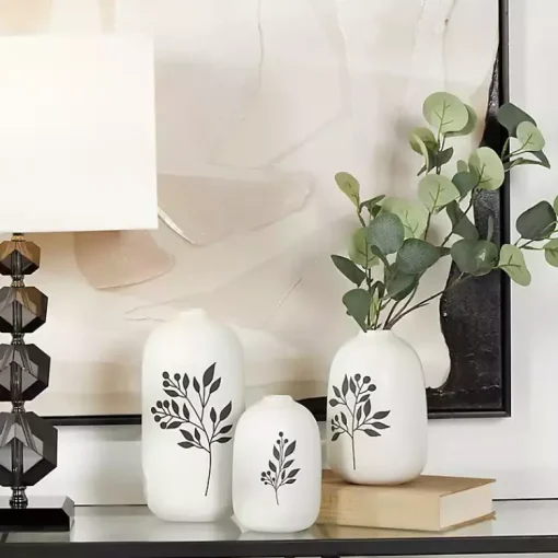 Outlet White Ceramic Berry and Fern Vases, Set of 3 Vases