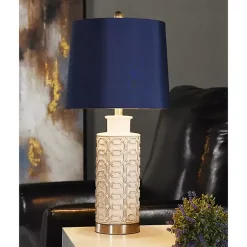Kirklands Home Table Lamps|White Ceramic Geometric Table Lamp with Shade Blue