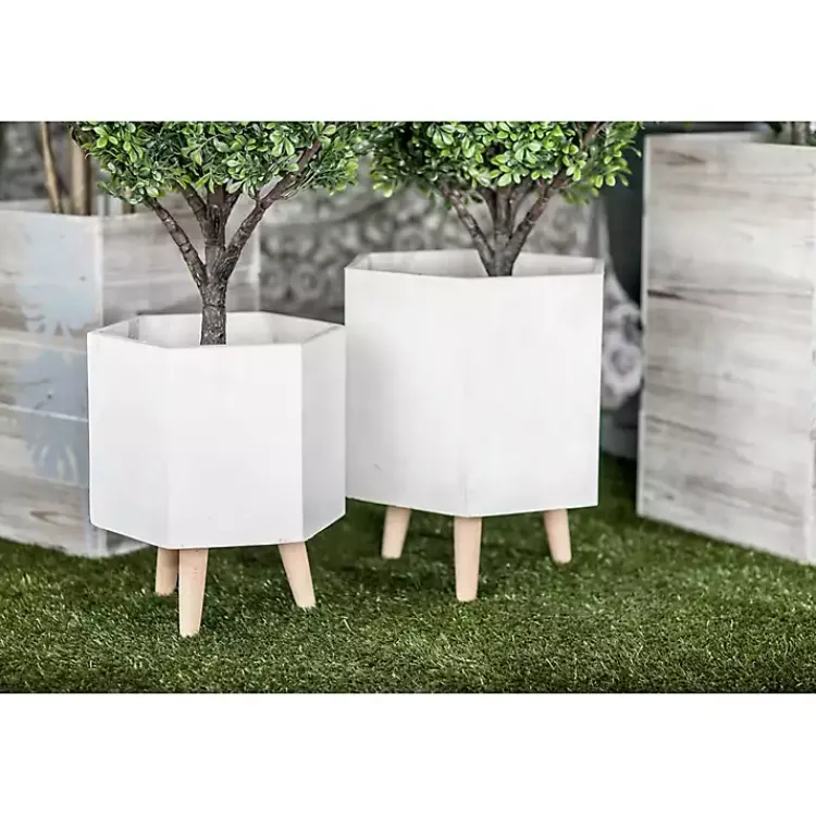 Kirklands Home Planters|Clay and Wood Hexagon Planters, Set of 2 White